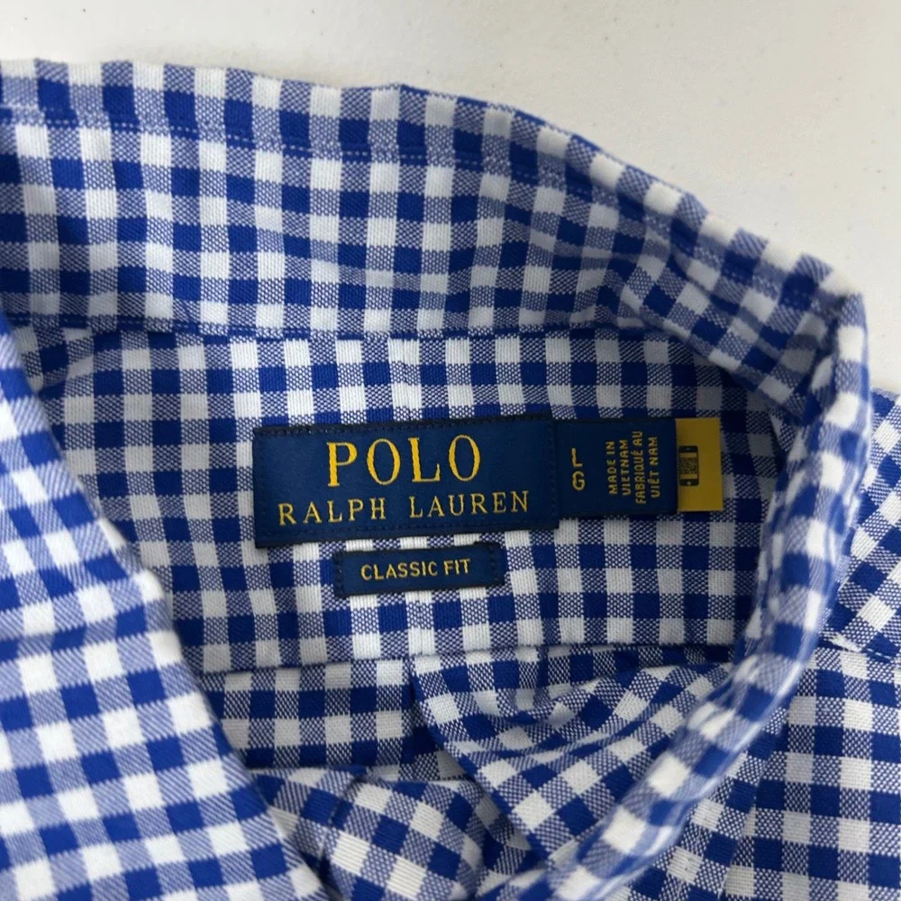 Polo Ralph Lauren Button Down Mens Large Blue Gingham Classic Fit Cotton Shirt